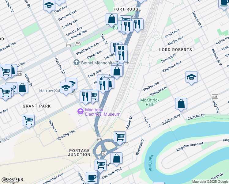 map of restaurants, bars, coffee shops, grocery stores, and more near in Winnipeg