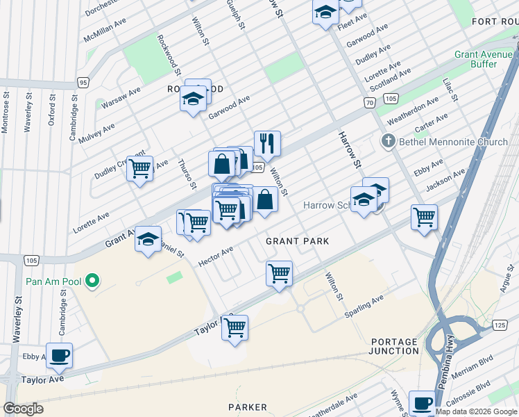 map of restaurants, bars, coffee shops, grocery stores, and more near 1080 Grant Avenue in Winnipeg