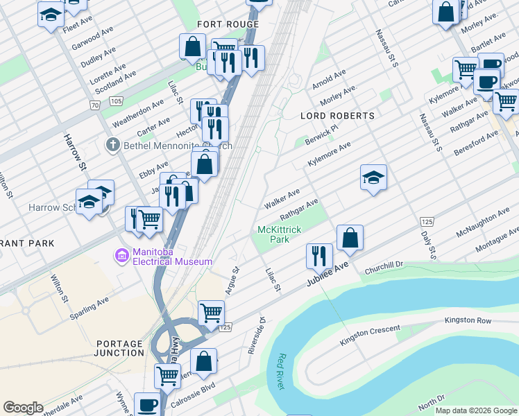 map of restaurants, bars, coffee shops, grocery stores, and more near 20 Walker Court in Winnipeg