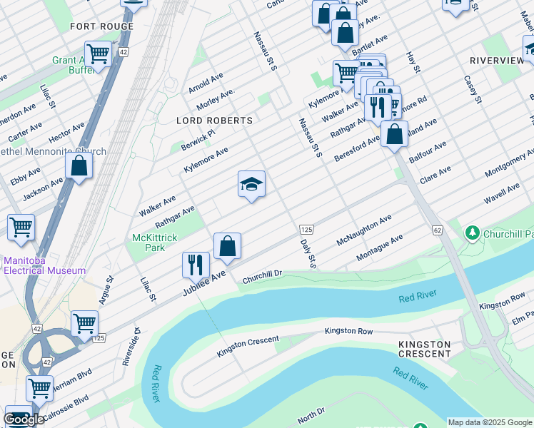 map of restaurants, bars, coffee shops, grocery stores, and more near 451 Rosedale Avenue in Winnipeg