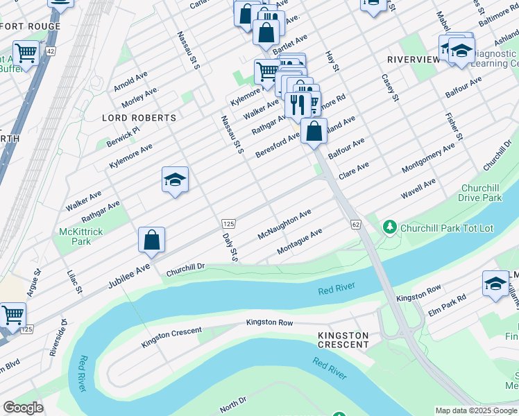 map of restaurants, bars, coffee shops, grocery stores, and more near 557 Jubilee Avenue in Winnipeg