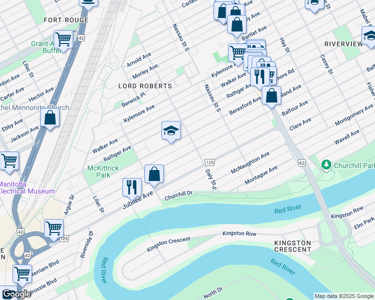 map of restaurants, bars, coffee shops, grocery stores, and more near 451 Rosedale Avenue in Winnipeg
