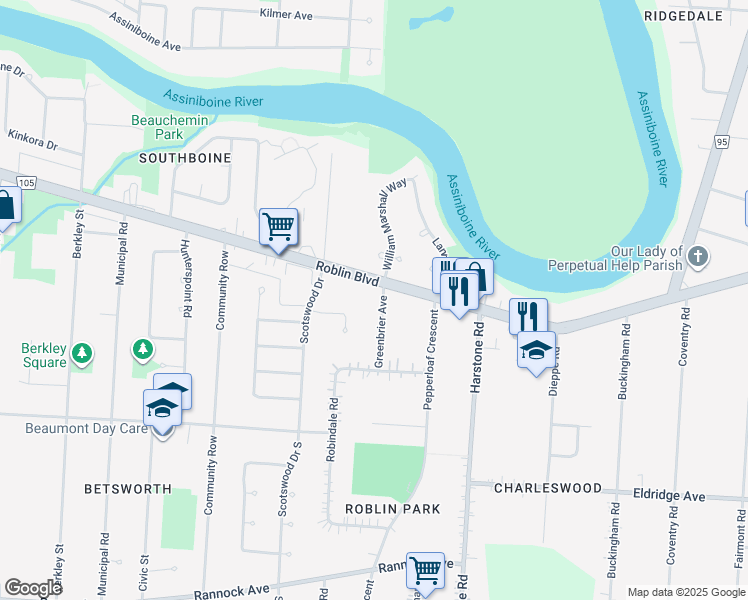 map of restaurants, bars, coffee shops, grocery stores, and more near 514 Greenbrier Avenue in Winnipeg