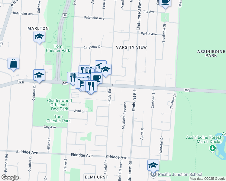 map of restaurants, bars, coffee shops, grocery stores, and more near 3452 Grant Avenue in Winnipeg