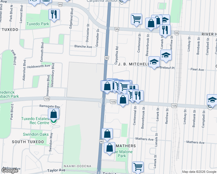 map of restaurants, bars, coffee shops, grocery stores, and more near 510 Kenaston Boulevard in Winnipeg