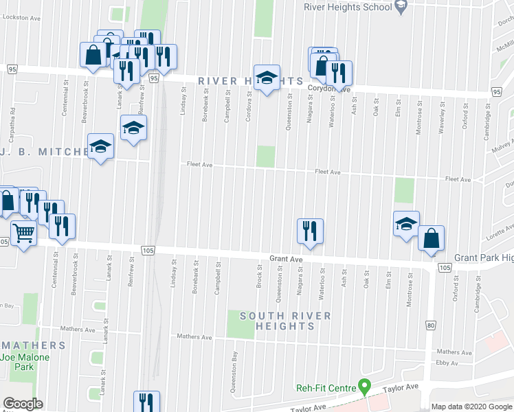 map of restaurants, bars, coffee shops, grocery stores, and more near 647 Brock Street in Winnipeg
