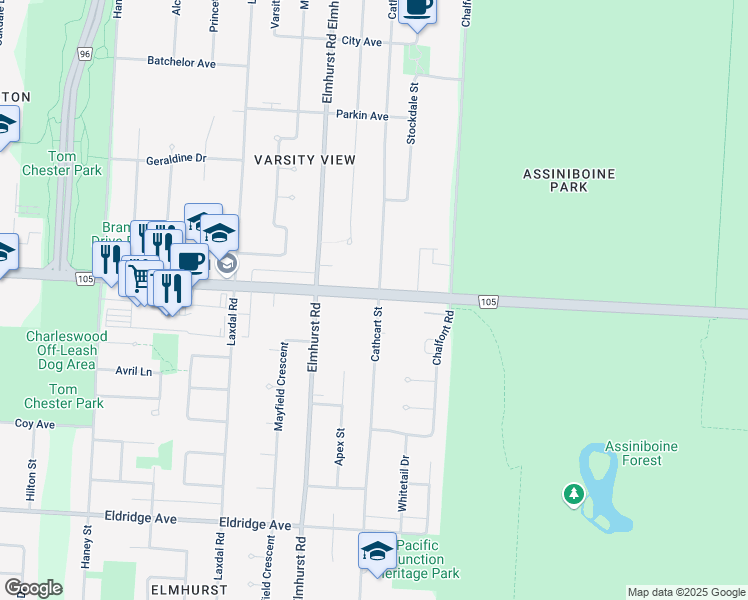 map of restaurants, bars, coffee shops, grocery stores, and more near 500 Cathcart Street in Winnipeg