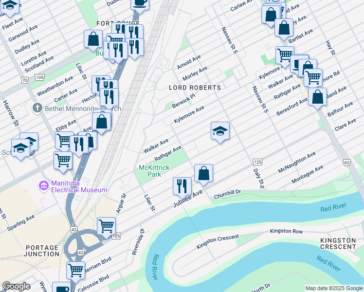 map of restaurants, bars, coffee shops, grocery stores, and more near 720 Rathgar Avenue in Winnipeg