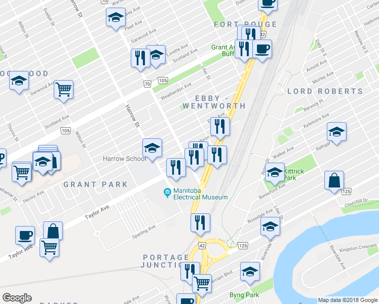 map of restaurants, bars, coffee shops, grocery stores, and more near 650 Route 70 in Winnipeg