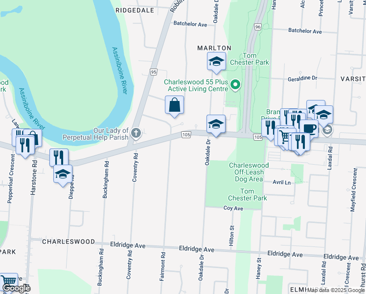 map of restaurants, bars, coffee shops, grocery stores, and more near 4314 Grant Avenue in Winnipeg