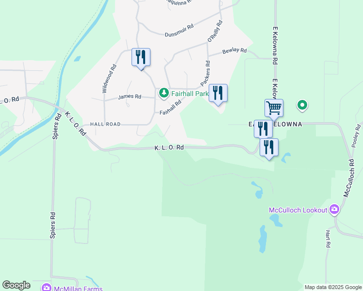 map of restaurants, bars, coffee shops, grocery stores, and more near 2568 K. L. O. Road in Kelowna