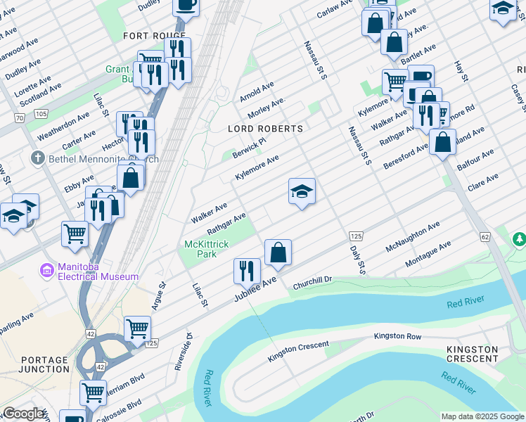 map of restaurants, bars, coffee shops, grocery stores, and more near 698 Rathgar Avenue in Winnipeg