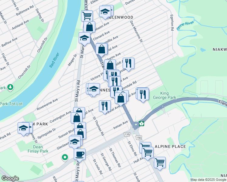 map of restaurants, bars, coffee shops, grocery stores, and more near 160 Saint Anne's Road in Winnipeg