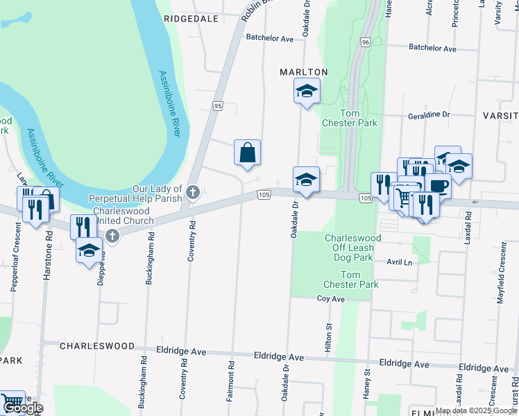 map of restaurants, bars, coffee shops, grocery stores, and more near 4314 Grant Avenue in Winnipeg