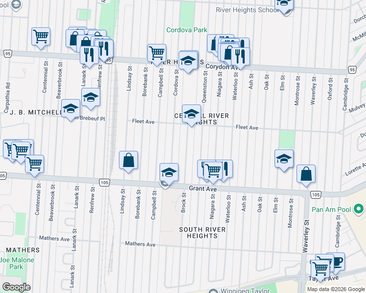 map of restaurants, bars, coffee shops, grocery stores, and more near 647 Brock Street in Winnipeg