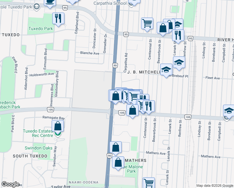 map of restaurants, bars, coffee shops, grocery stores, and more near 510 Kenaston Boulevard in Winnipeg