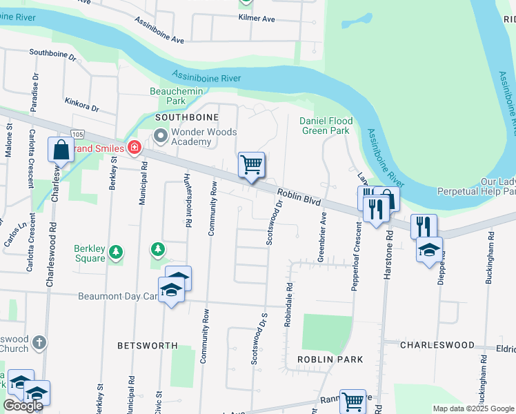 map of restaurants, bars, coffee shops, grocery stores, and more near 15 Speyside Avenue in Winnipeg