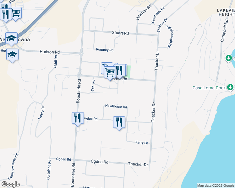 map of restaurants, bars, coffee shops, grocery stores, and more near 2780 Olalla Road in West Kelowna