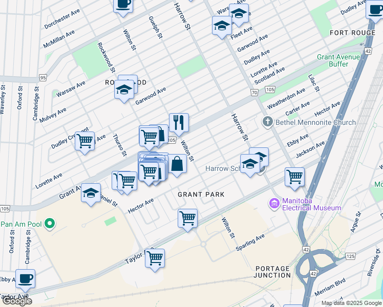 map of restaurants, bars, coffee shops, grocery stores, and more near 415 Wilton Street in Winnipeg