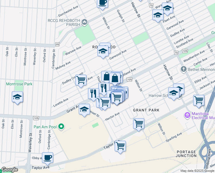 map of restaurants, bars, coffee shops, grocery stores, and more near in Winnipeg