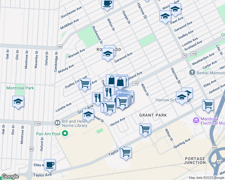 map of restaurants, bars, coffee shops, grocery stores, and more near in Winnipeg