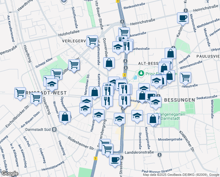 map of restaurants, bars, coffee shops, grocery stores, and more near 38 Donnersbergring in Darmstadt