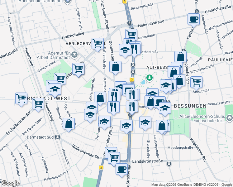 map of restaurants, bars, coffee shops, grocery stores, and more near 38 Donnersbergring in Darmstadt