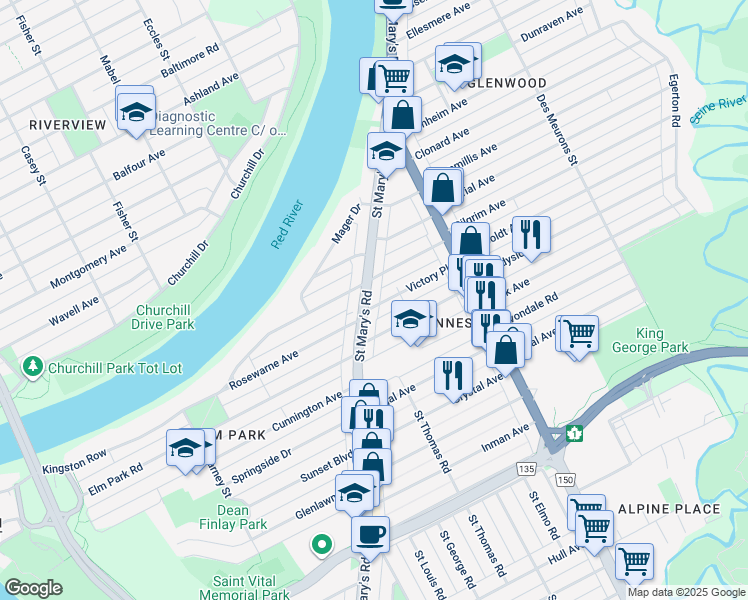 map of restaurants, bars, coffee shops, grocery stores, and more near 9 Victory Place in Winnipeg