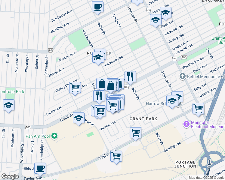 map of restaurants, bars, coffee shops, grocery stores, and more near 1119 Grant Avenue in Winnipeg