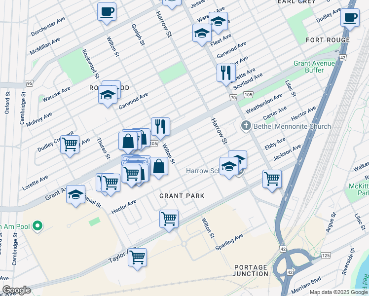map of restaurants, bars, coffee shops, grocery stores, and more near 991 Weatherdon Avenue in Winnipeg