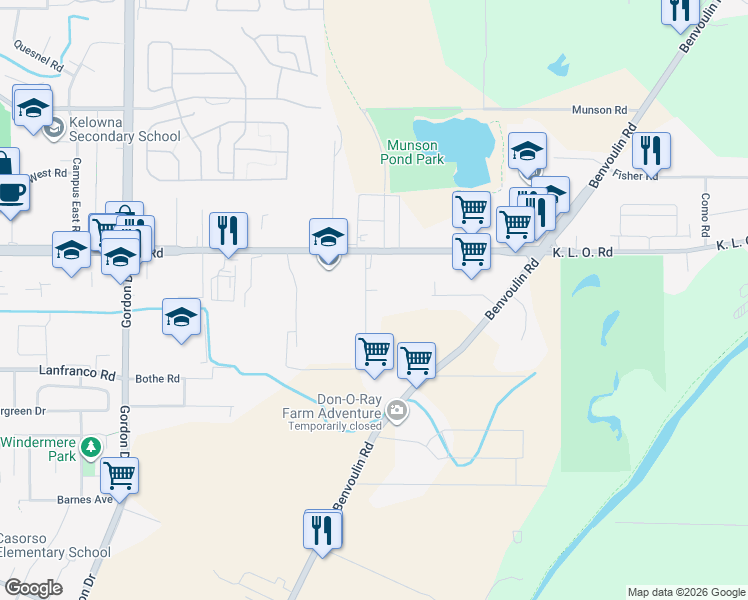 map of restaurants, bars, coffee shops, grocery stores, and more near 1629 K. L. O. Road in Kelowna