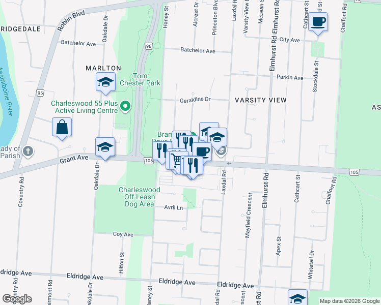 map of restaurants, bars, coffee shops, grocery stores, and more near 118 Bramble Drive in Winnipeg