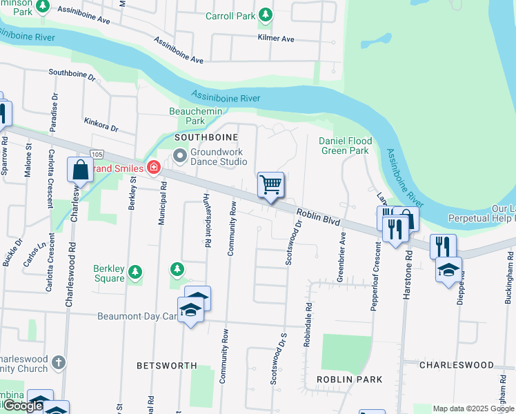 map of restaurants, bars, coffee shops, grocery stores, and more near 5630-5686 Roblin Boulevard in Winnipeg