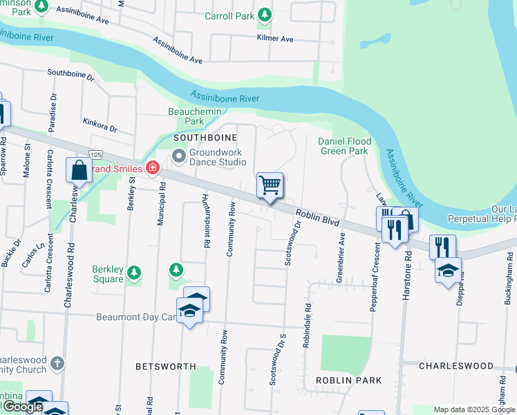 map of restaurants, bars, coffee shops, grocery stores, and more near 5686 Roblin Boulevard in Winnipeg
