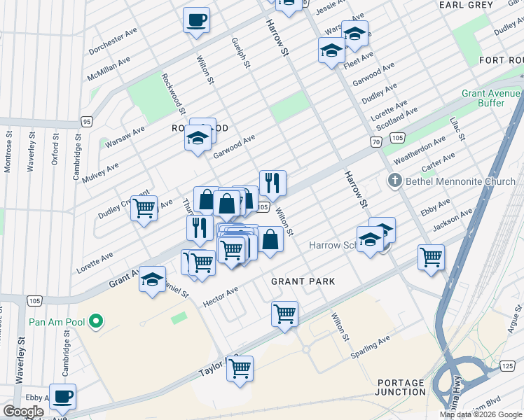 map of restaurants, bars, coffee shops, grocery stores, and more near 1080 Grant Avenue in Winnipeg