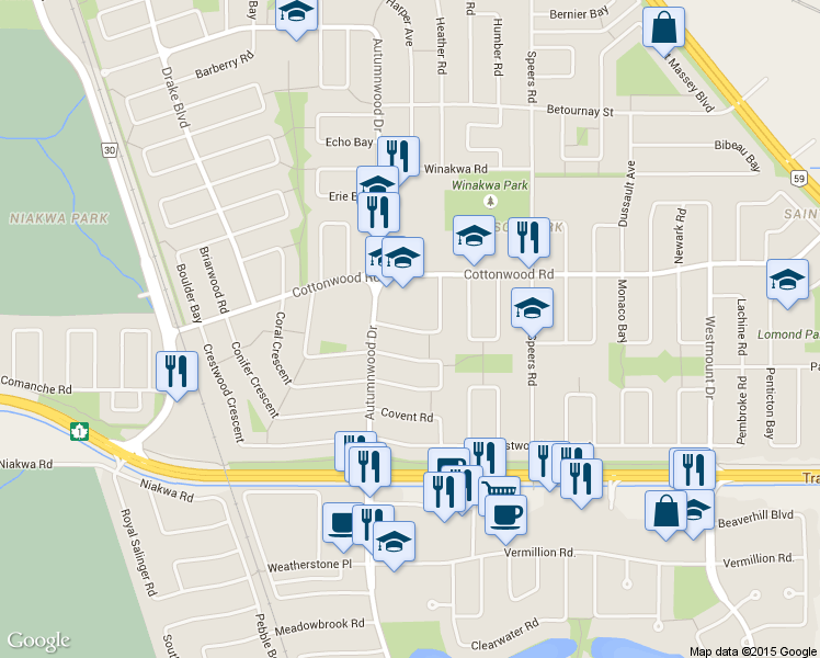 map of restaurants, bars, coffee shops, grocery stores, and more near 23 Canberra Road in Winnipeg