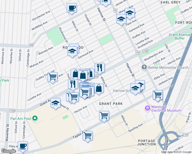 map of restaurants, bars, coffee shops, grocery stores, and more near 1099 Grant Avenue in Winnipeg