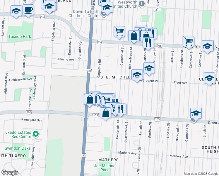 map of restaurants, bars, coffee shops, grocery stores, and more near 456 Kenaston Boulevard in Winnipeg