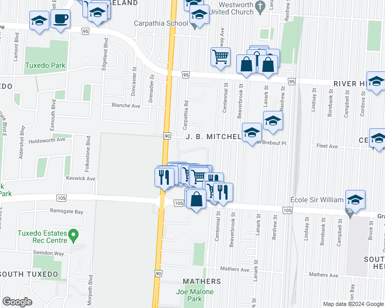 map of restaurants, bars, coffee shops, grocery stores, and more near 460 Carpathia Road in Winnipeg