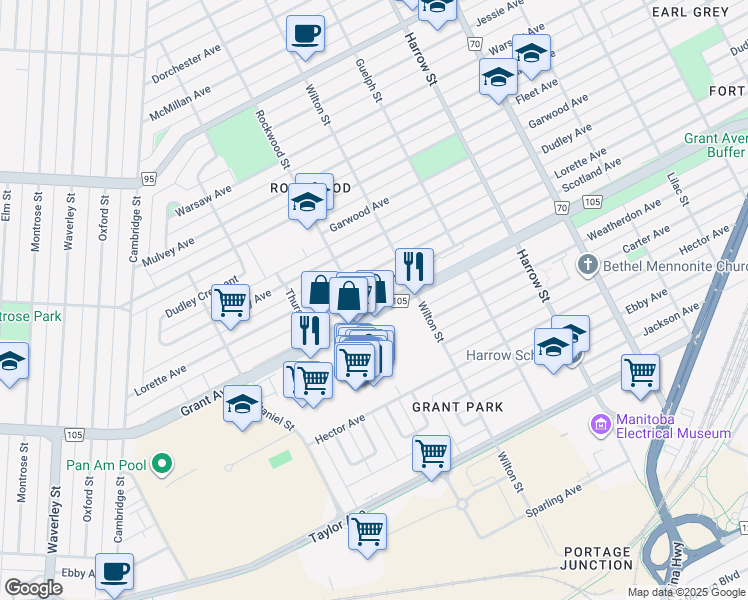 map of restaurants, bars, coffee shops, grocery stores, and more near 1099 Grant Avenue in Winnipeg