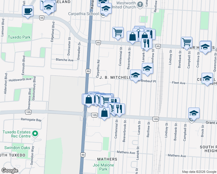 map of restaurants, bars, coffee shops, grocery stores, and more near 456 Kenaston Boulevard in Winnipeg