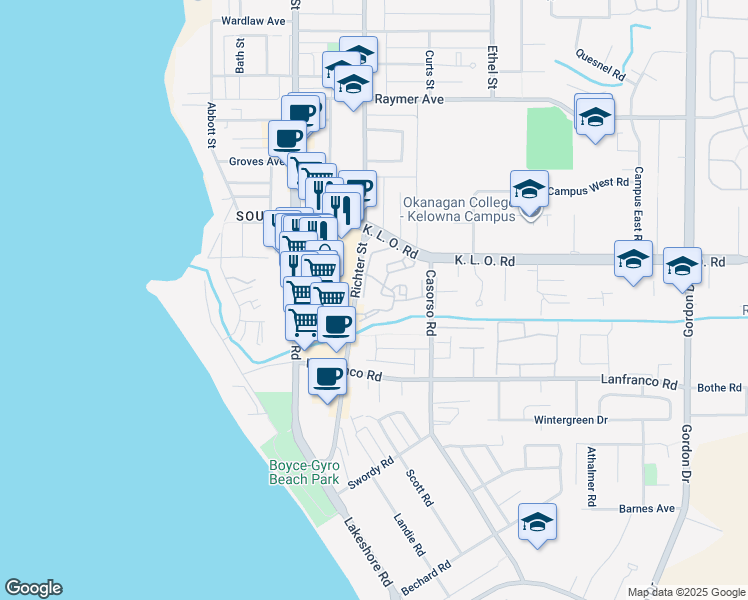 map of restaurants, bars, coffee shops, grocery stores, and more near 3163 Richter Street in Kelowna