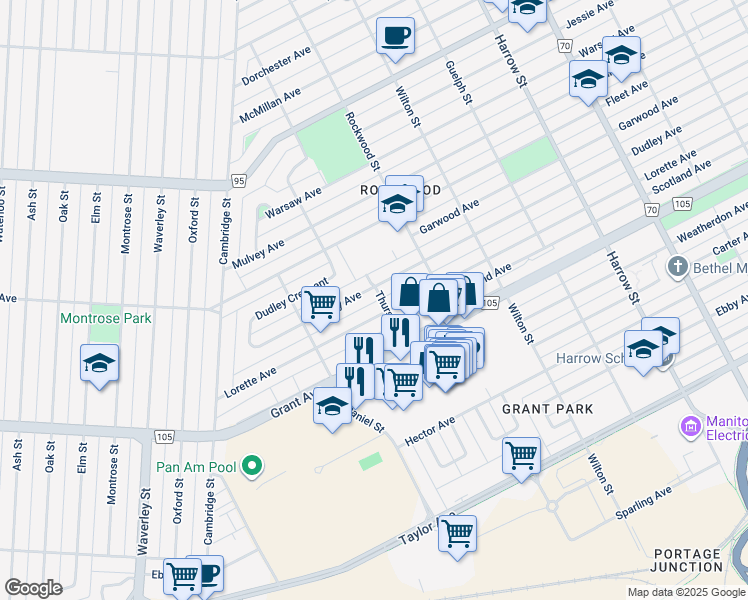 map of restaurants, bars, coffee shops, grocery stores, and more near 1142 Thurso Street in Winnipeg