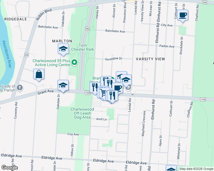 map of restaurants, bars, coffee shops, grocery stores, and more near 118 Bramble Drive in Winnipeg