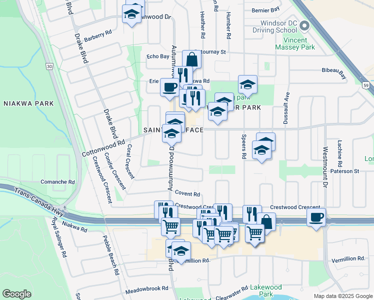 map of restaurants, bars, coffee shops, grocery stores, and more near 23 Canberra Road in Winnipeg