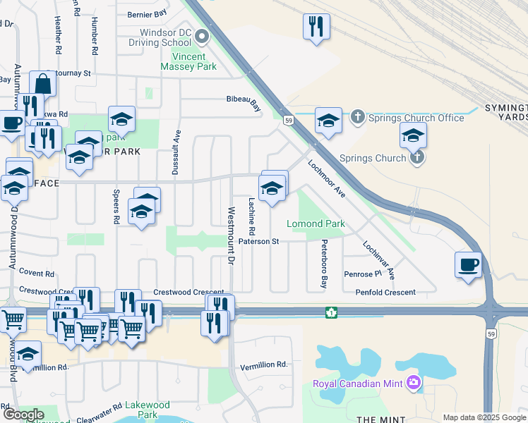 map of restaurants, bars, coffee shops, grocery stores, and more near 20 Lachine Road in Winnipeg