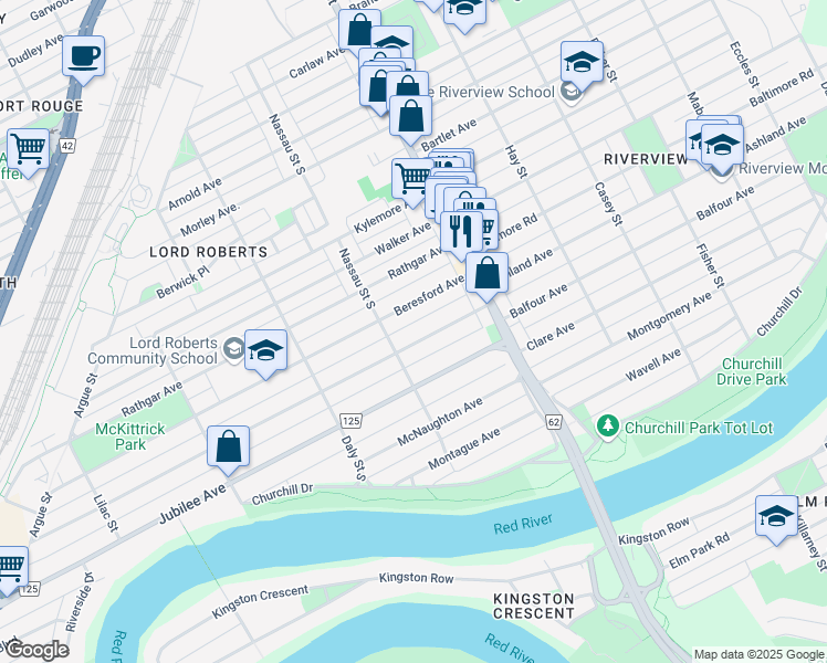 map of restaurants, bars, coffee shops, grocery stores, and more near 343 Rosedale Avenue in Winnipeg