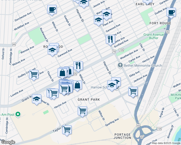map of restaurants, bars, coffee shops, grocery stores, and more near 991 Weatherdon Avenue in Winnipeg
