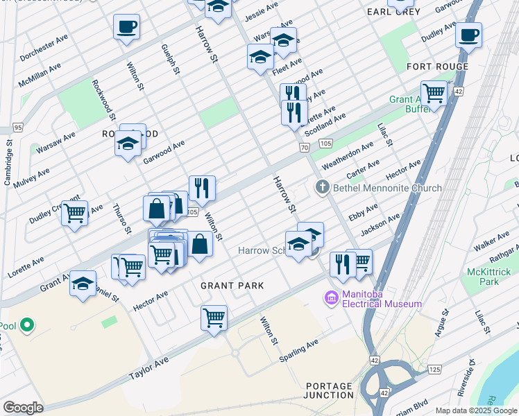 map of restaurants, bars, coffee shops, grocery stores, and more near 952 Weatherdon Avenue in Winnipeg