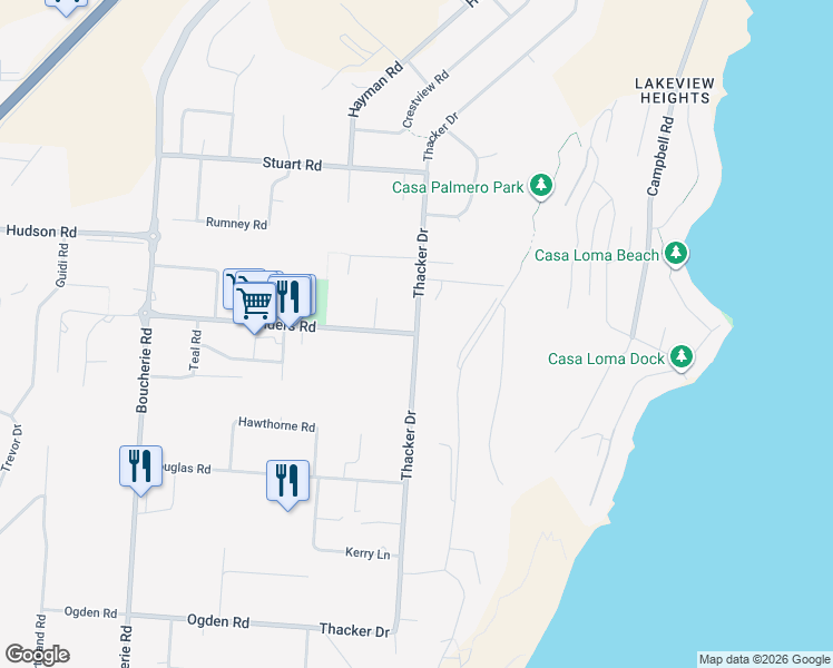 map of restaurants, bars, coffee shops, grocery stores, and more near Thacker Drive in West Kelowna
